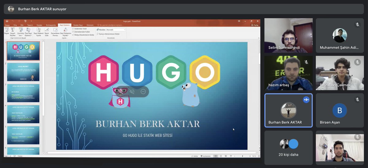 siberyavuzlar's tweet image. Sunumlarımıza “Go Hugo Nedir ve Go Hugo ile Blog Sitesi Geliştirip Yayına Almak” konusu ile devam ediyoruz. Uygulamalı gösterimi ve keyifli anlatımı için takım arkadaşımız @Burhanberk0&apos;e teşekkür ederiz.

@siber_vatan #gohugo