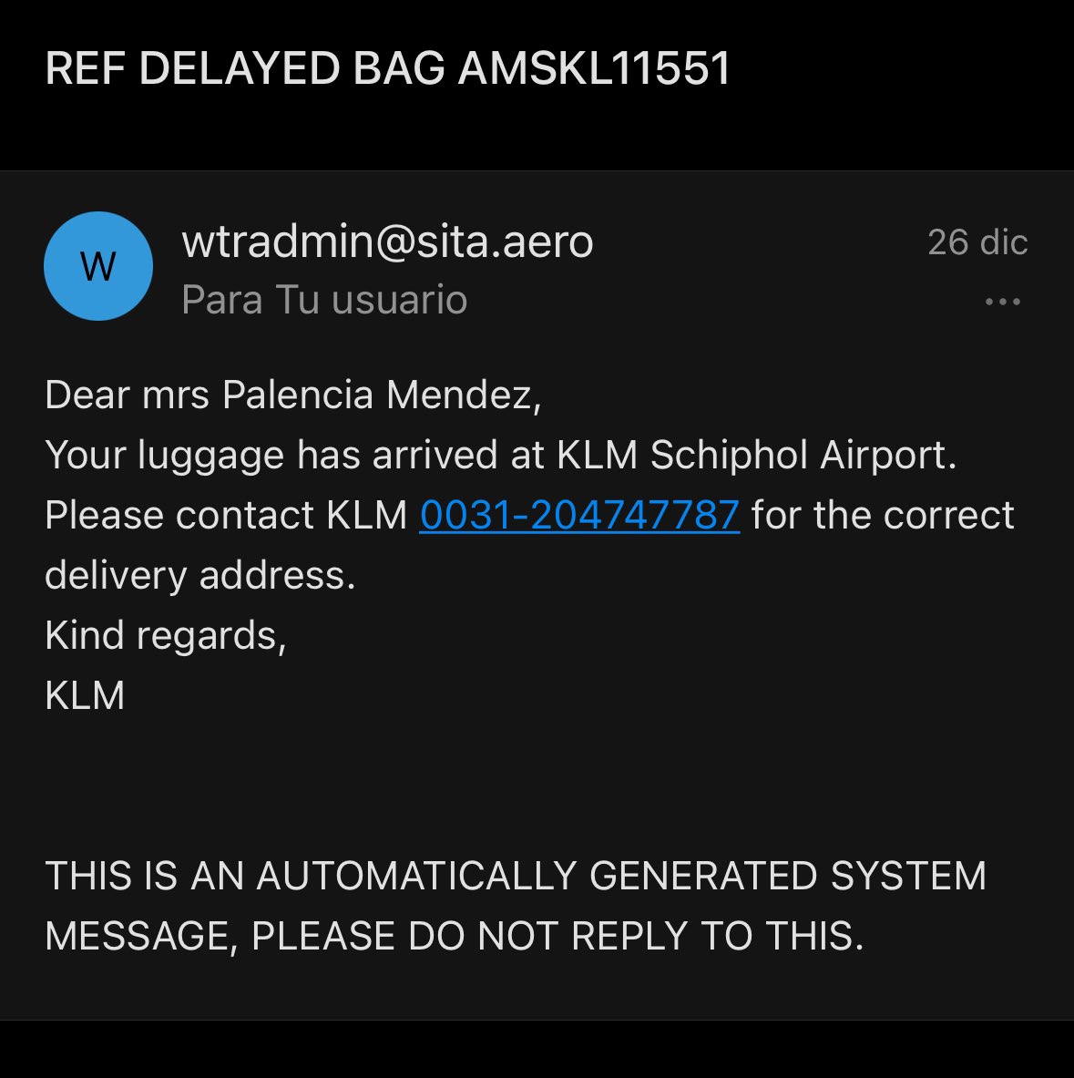 paupalmen's tweet photo. ¿Y qué creen? Ahora @KLM_MX me contesta que no saben donde está mi maleta! @KLM podrías intervenir? Se recibieron correos diciendo que estaba en Amsterdam desde el 26 de dic. 

Quiero mi maleta!!! https://t.co/uCNdjpAOY5