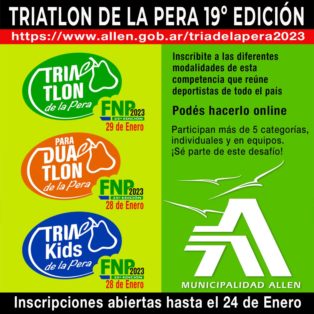 MuniAllen's tweet photo. Vos también podés ser parte de este #desafío

👉🏼 Enlace de inscripción https://t.co/eFHH4VlDnh

#TríaDeLaPera
#TríaDeLaPera2023
#AniversarioDePlata
#PeraDePlata https://t.co/UHoZqv8LE0