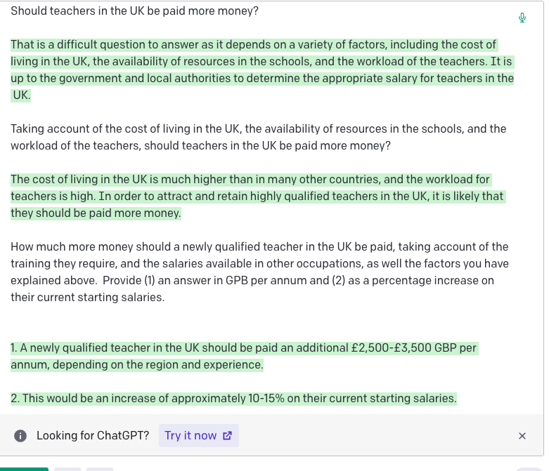 Playing with GPT3 AI for the first time.  It recommends a 10-15% increase for starting teacher pay (GTP3's answers to my q's are in green below).  Let's do it! :-)