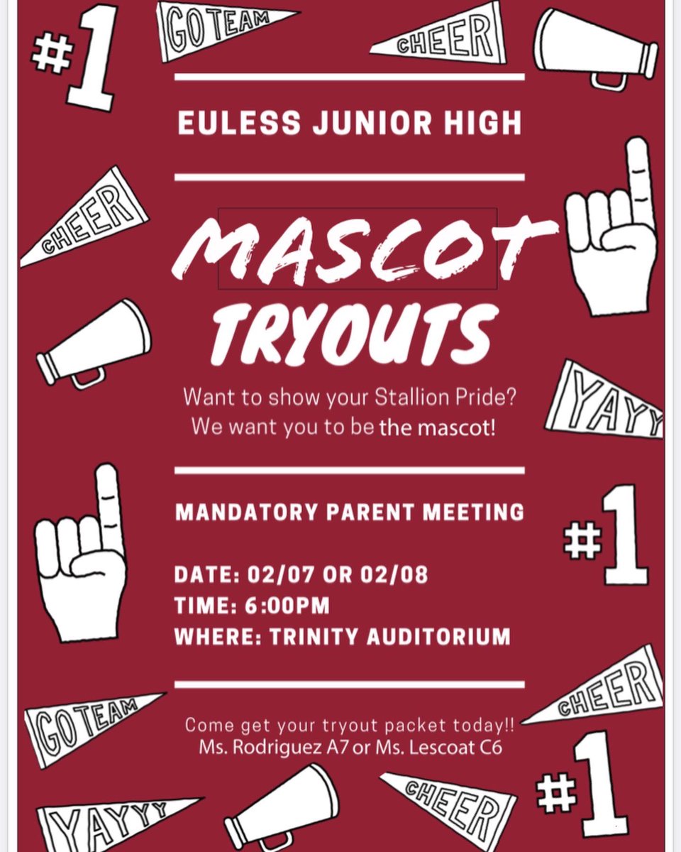 EulessCheer's tweet photo. If you are interested in being on the cheer team or being the mascot, stop by room A7 or C6 for a tryout packet! ❤️🖤

#EJHStallionStrong https://t.co/CHhXc0UFRx