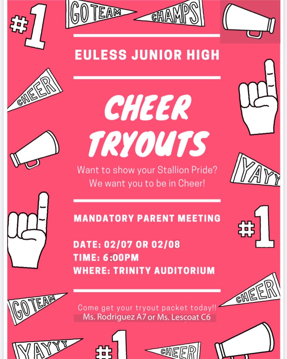 EulessCheer's tweet photo. If you are interested in being on the cheer team or being the mascot, stop by room A7 or C6 for a tryout packet! ❤️🖤

#EJHStallionStrong https://t.co/CHhXc0UFRx