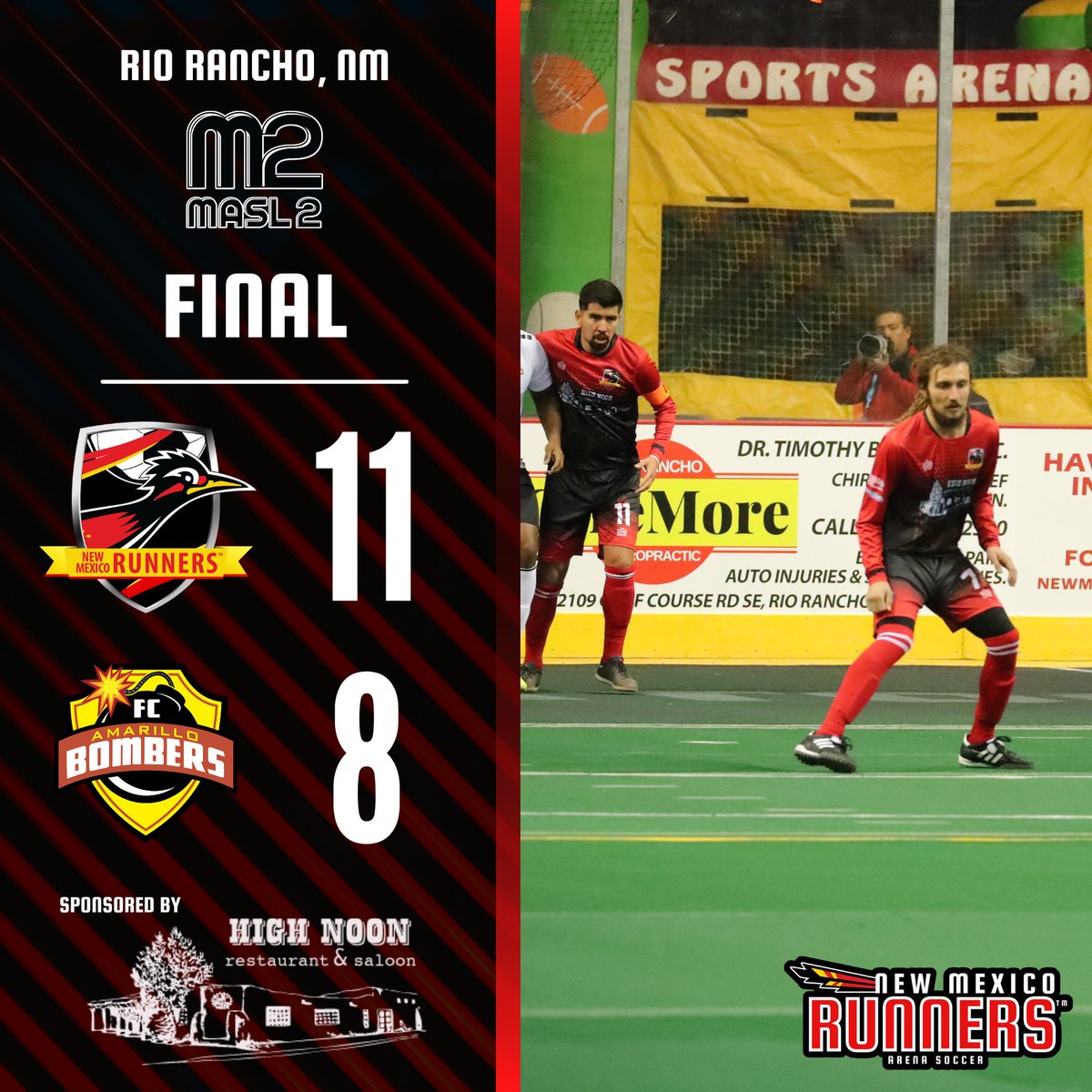 nmrunners's tweet photo. With a comeback win, we defuse the Bombers 11-8. We are now 2-0 on the season! Great turnout Runners fans! ⚽

#NMRvsAMA @m2arenasoccer https://t.co/Dm8Emltfid