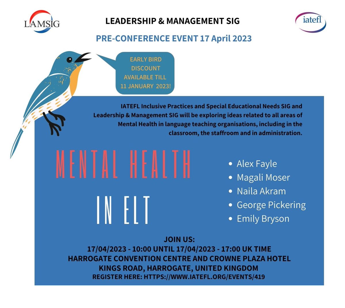 Join IATEFL Inclusive Practices and Special Educational Needs SIG and Leadership & Management SIG for our joint 2023 Pre-Conference Event on 17 April 2023. Early bird fees: Until 11 January 2023! iatefl.org/events/419 #iatefl #lamsig #leadership #management #elt #efl