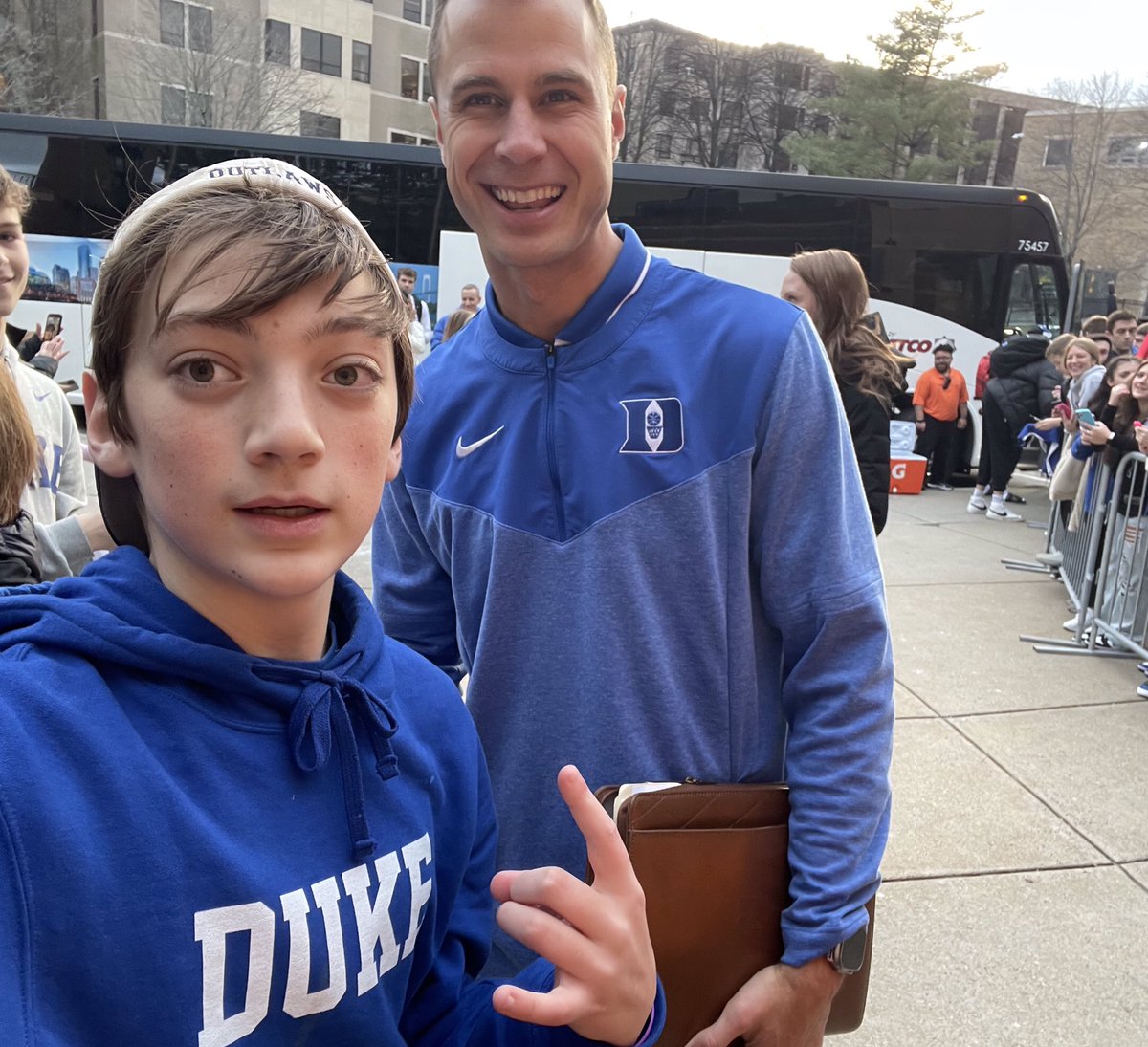 TerriF76's tweet photo. @DukeMBB Congrats on the win at #bostoncollege!  Coach made this lifelong fan’s day!  Maddux says thanks!! https://t.co/X40UpfPtsI