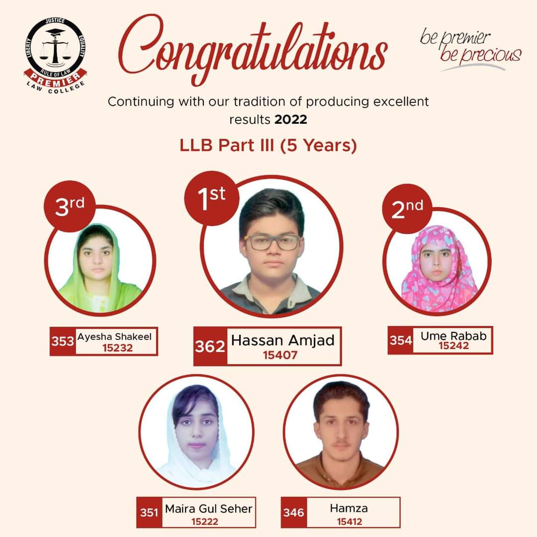 PremierLawColle's tweet photo. Top Position Holders in PLC
LL.B Part-III (5 Years)
#bepremierbeprecious
#PLC #PLCNo1 #llbresults2022
#PLCIANsvictory
#LLBresults
#BestLawCollege
#PremierLawCollege https://t.co/h1VLqEgrvf