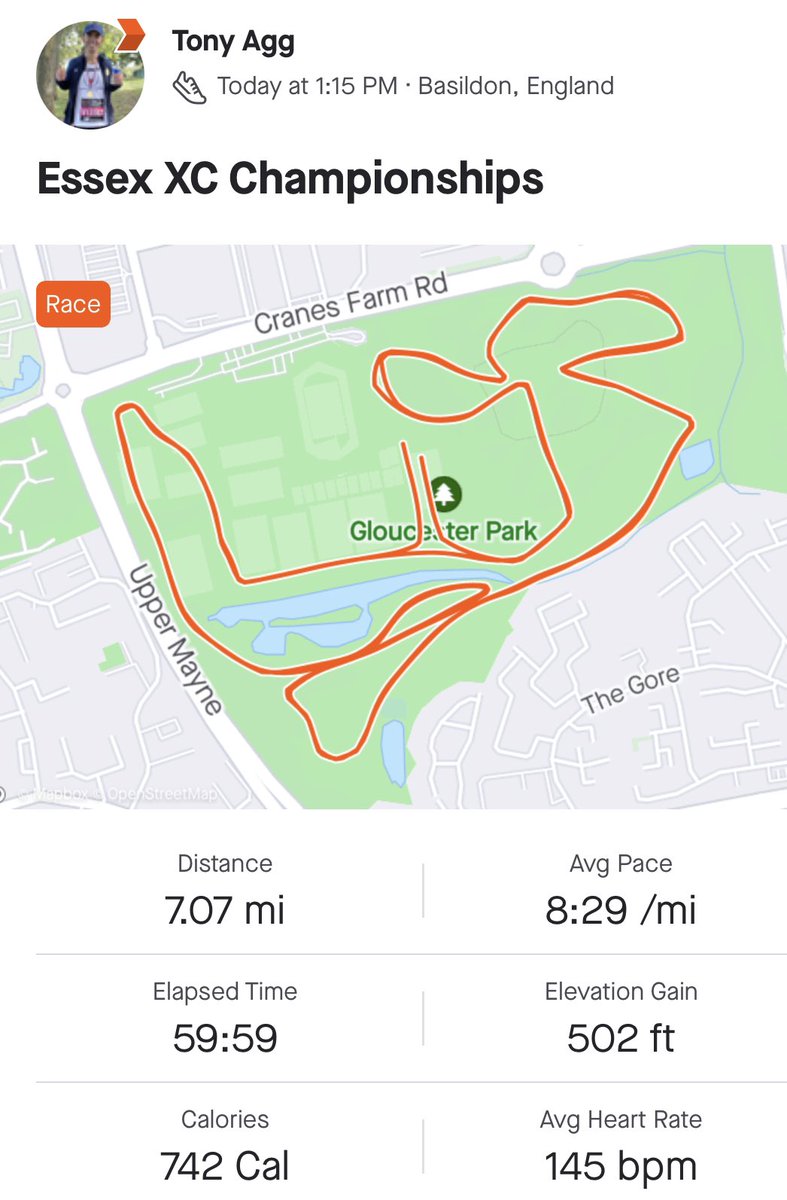 TonyRAgg's tweet image. Gloucester Park took centre stage in 2023 Essex XC Championships today, a longer course than last year, and equally if not a tougher test, pleased to scrape in under the hour mark, and bettered what I ran in 2022 👍 @Bcay_Striders @EssexAArunning #ukrunchat