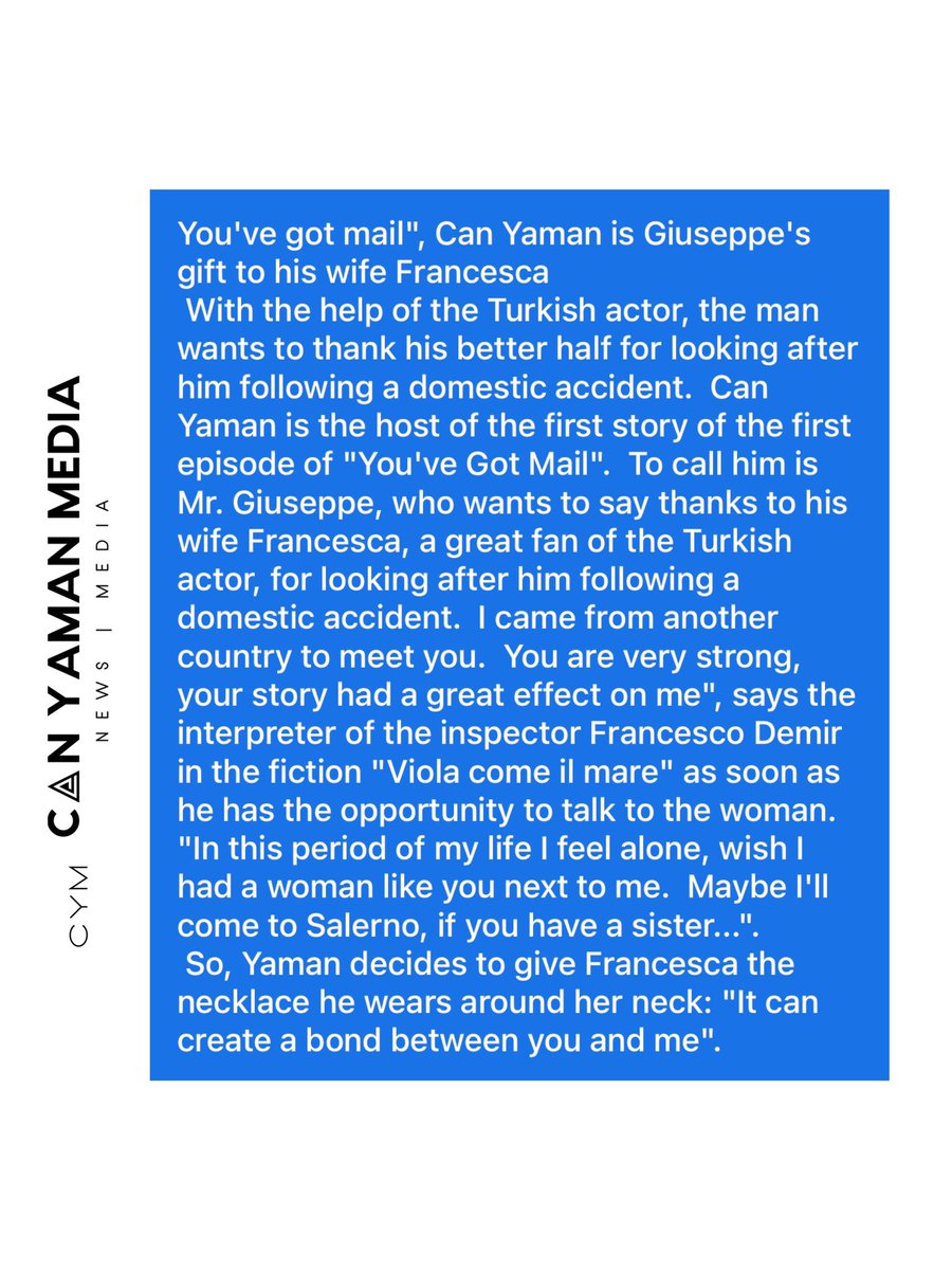 🇮🇹🗞️| You've got mail", #CanYaman is Giuseppe's gift to his wife Francesca in #CePostaPerTe 
 
With the help of the Turkish actor, the man wants to thank his better half for looking after him following a domestic accident

amp.tgcom24.mediaset.it/tgcom24/articl…