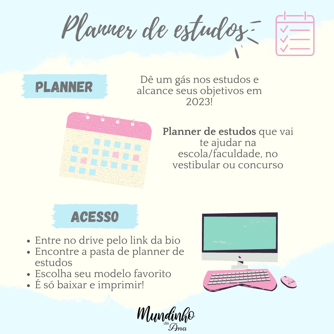 ana_mundinho's tweet image. .° ｡ *✧ 𝐏𝐥𝐚𝐧𝐧𝐞𝐫 𝐝𝐞 𝐞𝐬𝐭𝐮𝐝𝐨𝐬 ✧* ｡°.

Preparei um Planner de estudos*⋆ฺ gratuito para vocês baixarem, imprimirem e se organizarem nos estudos!

Ele pode ser usado para estudar para a escola, faculdade, vestibular ou concursos.