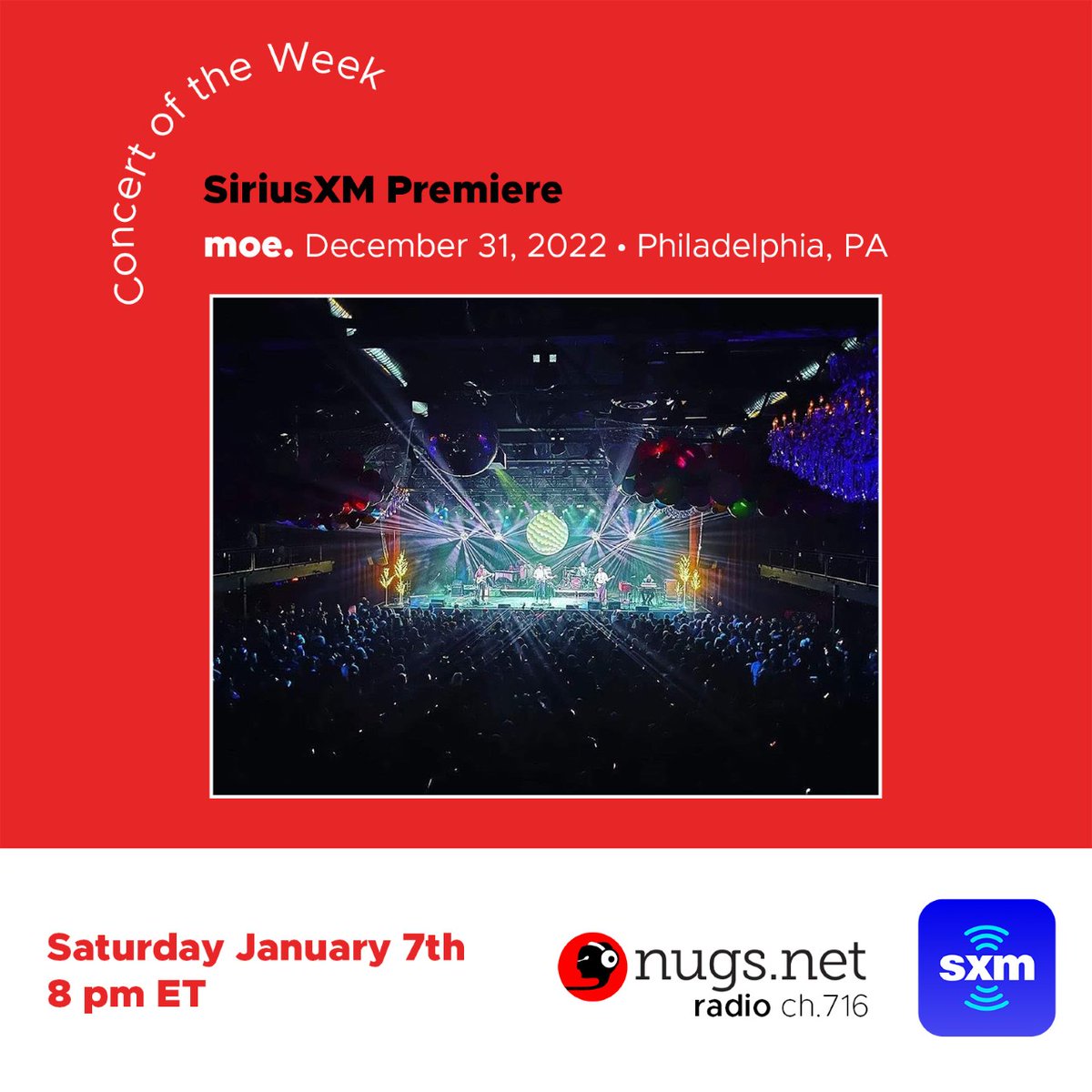 Chuck Garvey's first show back with @moeperiod on New Year's Eve in Philly is 2023's first @SIRIUSXM Channel 716 #ConcertOfTheWeek! Tune in tonight at 7pm ET here ➡️ 2nu.gs/sxmtw Stream the show in the nugs.net app here ➡️ 2nu.gs/newmoeTW