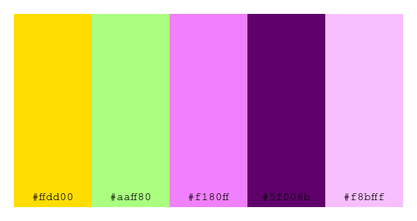 ColPaletteBot's tweet photo. Beep beep, here's a pretty color palette for you!
color-scheme.js parameters used:
- hue: 310
- variation: default
- colors: #ffdd00, #aaff80, #f180ff, #5f006b, #f8bfff
Have a lovely evening!
#twitterbot #colorpalette #colors #palette #prettycolors https://t.co/Tm8pDIeosH