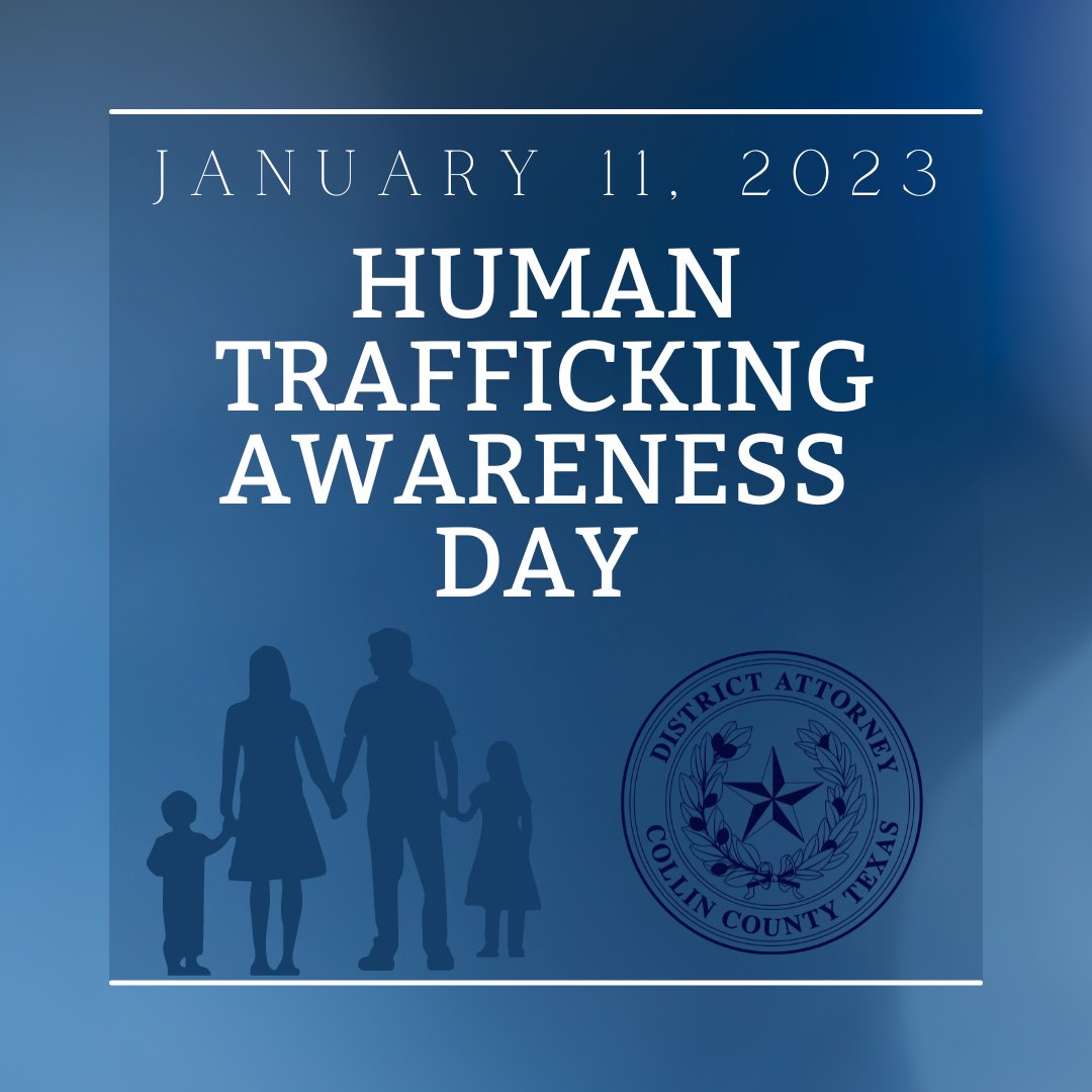 collincountyda's tweet image. Please join our office today in wearing blue in observance of the National Human Trafficking Awareness Day. Please help us spread awareness on social media by posting a photo of you wearing blue. Make sure to tag us in your supportive posts. @DHSBlueCampaign

#endhumantrafficking