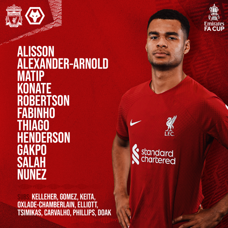 LFC's tweet photo. A Reds debut for Cody Gakpo 😍

Here's how we line up to take on Wolves in the #EmiratesFACup tonight 👊