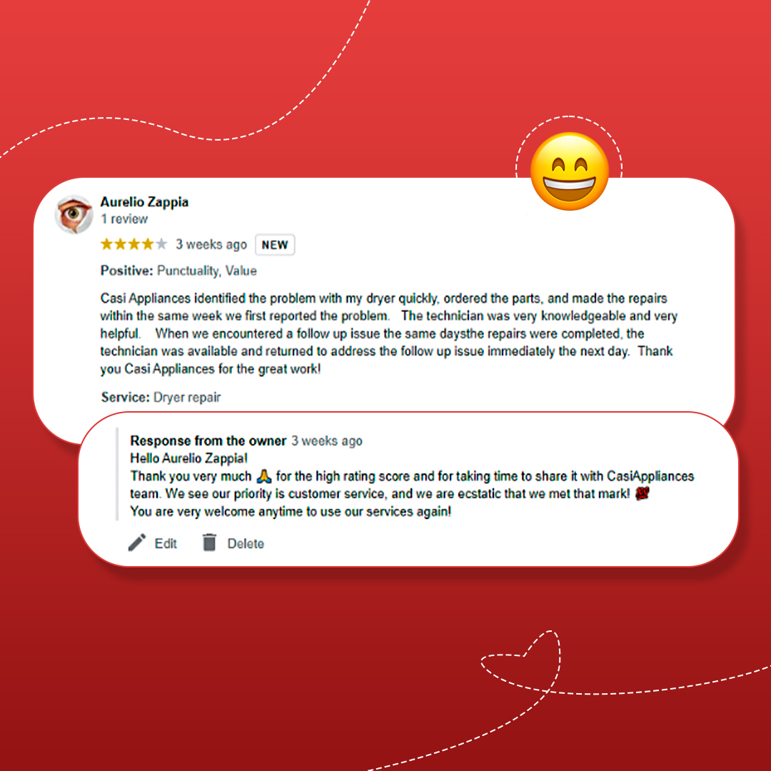 Thank you very much for your feedback. We are pleased that you were happy with the caliber of our service. Always willing to assist!
Hello Aurelio Zappia!

#dryerrepair #dryerrepair #ovenrepair #stoverepair #refrigeratorrepair # ТССА #gascontractor