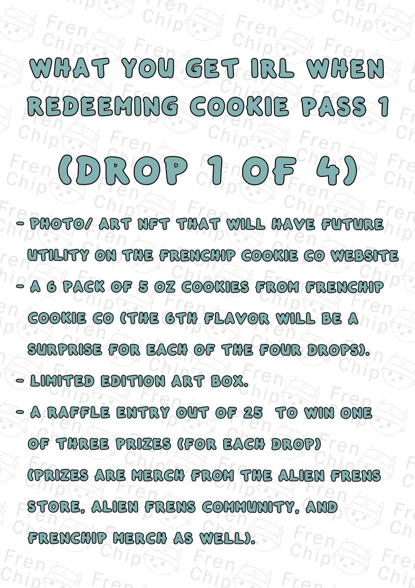 Frenchip6's tweet photo. MINT for Frenchip Cookie Pass 1 is Live

Only 25 nfts in drop 1 total

Each comes w/ limited edition box w/ art by @Cain_Beaudoin + 6 cookies shipped to your door

3 people will receive a raffle prize w/ order

Link to mint in bio 🖖 

@alienfrens @SeanOhio_ @glennleerob https://t.co/OOBNXFwtAQ
