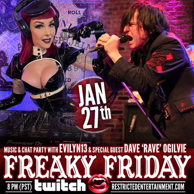 Super excited to announce my next guest for Freaky Friday as @rabbitwithhorns from @Jakalopemusic and @skinnypuppy_ ! Join us on Friday January 27 on Twitch at m.twitch.tv/restrictedente… 🎶 #twitchstreamer #skinnypuppy #daveogilvie