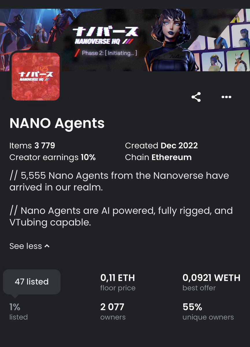 Truly slept on, our <a href="/nanoverseHQ/">NANOVERSE HQ</a> agents. 1% listed 47 items only for sale. Hold on fam for the supply shock when our ai desktop assistant goes live and the desktop software together with the vtuber software are up running 🚀

-Are You ready? ❤️‍🔥 
#Nanoforlife #ai