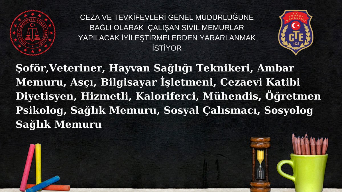 Ceza infaz kurumlarında TEK ÜNVAN YOKTUR  
SİVİL MEMURLARI YOK SAYMAYIN

ADALET BAKANLIĞI ÇALIŞANLARI TÜM ÜNVANLAR LA BİR BÜTÜNDÜR.
Sivil Memurlar  7.Yargı Paketine dahil edilmelidir
Yıllardır bu konuda değişim beklenmektedir.

#ADALETmemurundaBAŞLAR
<a href="/kilicdarogluk/">Kemal Kılıçdaroğlu</a> @burakceyhan3