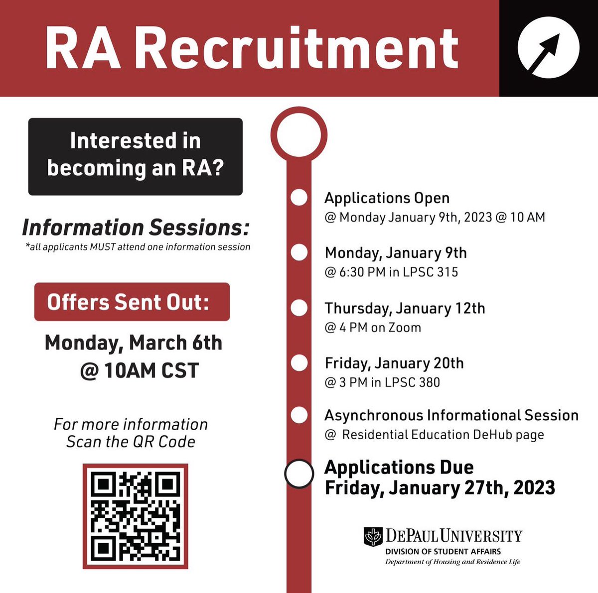 DePaulResEd's tweet image. We are excited to kick off our Resident Assistant Selection process with our first in person informational session this Monday at 6:30 PM in the LP Student Center room 315. The application will post on Monday via the campus job board. Next Stop: Leadership! Apply to be a RA! 💙❤️