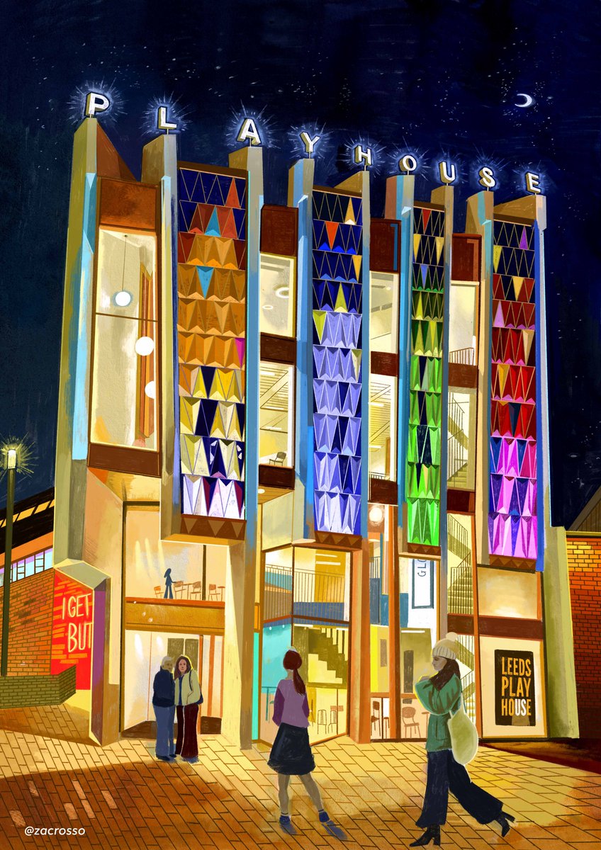 Zacrosso_art's tweet photo. The spectacularly city-facing Leeds Playhouse. My newest artwork print inspired by a visit to see Charlie and the Chocolate Factory. #leeds #uktheatre https://t.co/kQyN6KFnlp