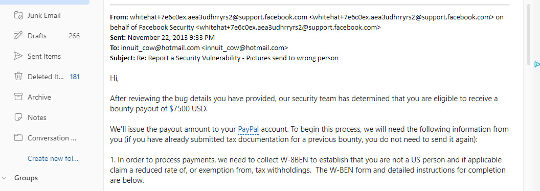 This screenshot is from when Facebook awarded me with $7500 USD for discovering a glitch on their site. #bountyprogram