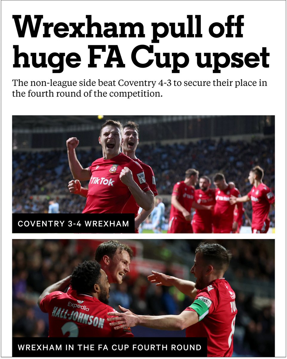 Wrexham have done it!

The non-league side beat Championship outfit Coventry City 4-3 to secure their spot in the fourth round of the #FACup 🏴󠁧󠁢󠁷󠁬󠁳󠁿