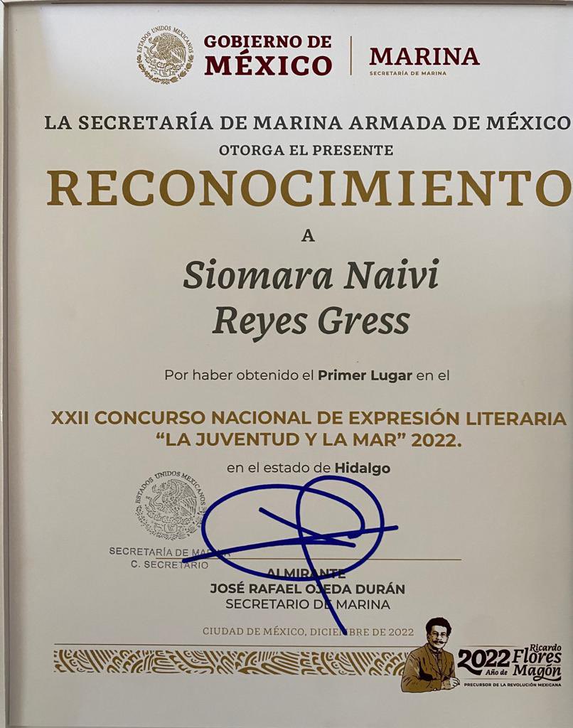 CECyTEHidalgo's tweet photo. #CECyTEHImparables💥
Felicitamos a Siomara Naivi Reyes Gress del plantel @CECyTEHChilcuau , ganadora del Primer Lugar 🥇 en el XXII Concurso Nacional de Expresión Literaria "La Juventud y La Mar" con su trabajo titulado "La grandeza del honor y la mar"
#PrimeroLaEducación https://t.co/84cEFCChTs