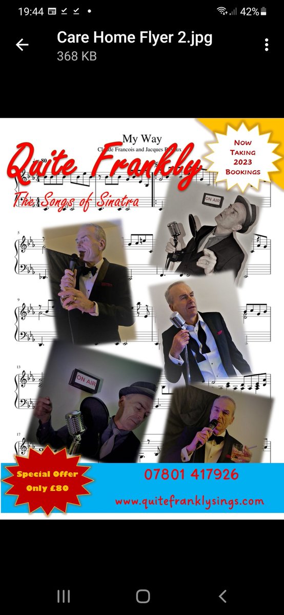 Now taking bookings for 2023. The songs of Sinatra. Special low fee for all care homes. Bromley based for SE London/ Kent. Contact me for further details quitefranklysings.com