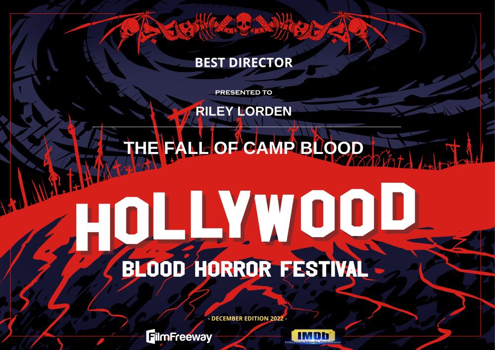 TheFallofCampB's tweet photo. I am proud to announce that “The Fall or Camp Blood” has WON a total of 13 awards from The Hollywood Blood Horror Festival!  They Include Best Feature, Best Director &amp; Best Editing, Best Producer, Best Actor, Best Actress, Best Supporting Actor, Best Special FX to Brent Edgett. + https://t.co/30DktwPel9