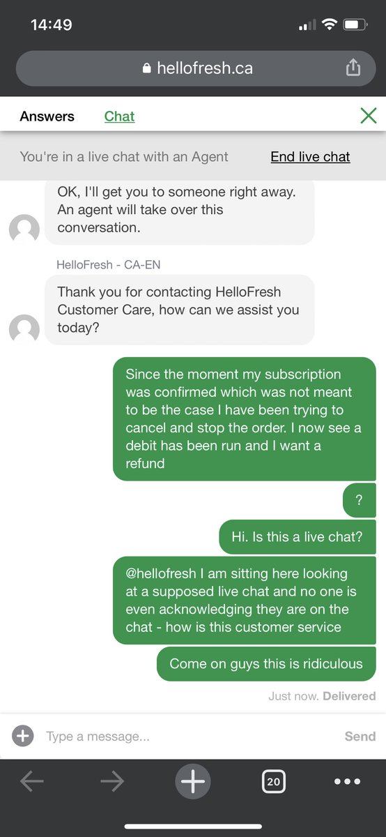 trentlockstone's tweet photo. @HelloFreshCA my experience with your LIVE chat https://t.co/47TKFs2h9l