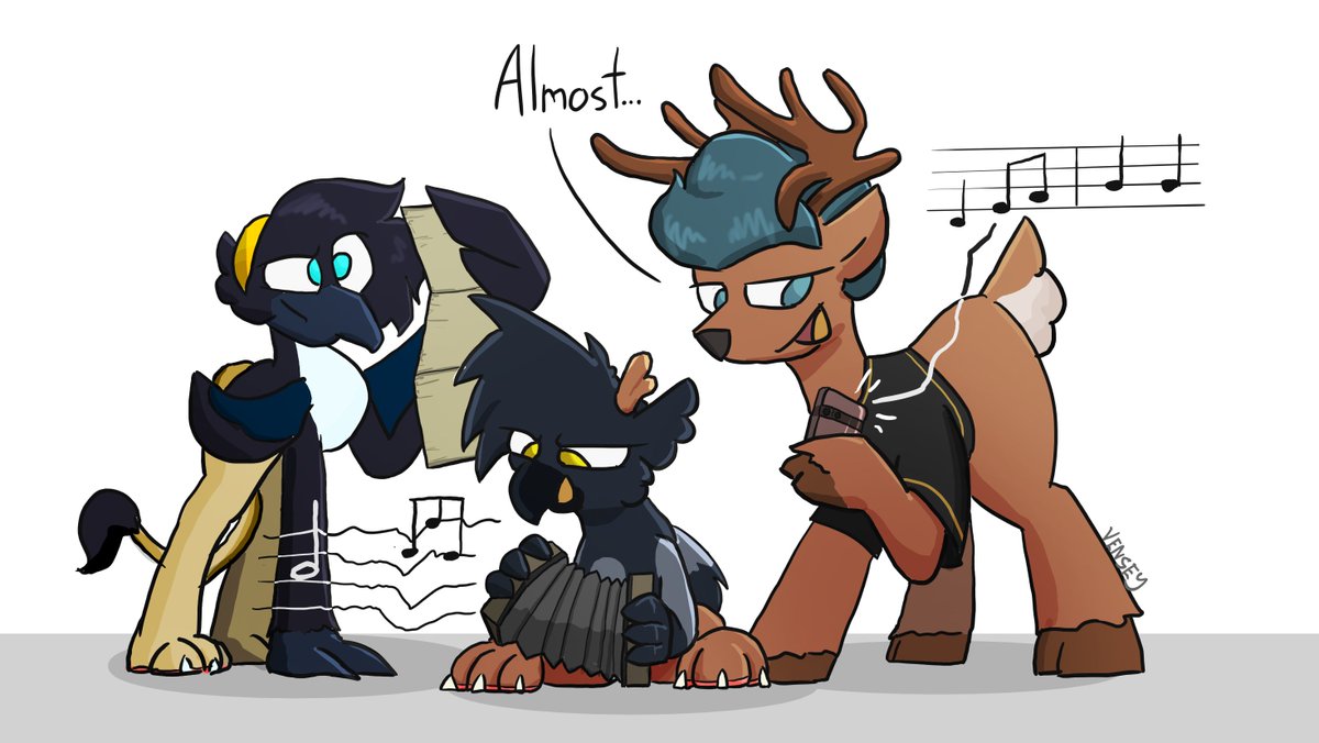Venseyness's tweet photo. A commission for Hurley featuring the parents of Grainne, Selen and Aiteal Ó Broin, teaching them to play the concertina. They're ready for the big time! https://t.co/Zj72UZuagS