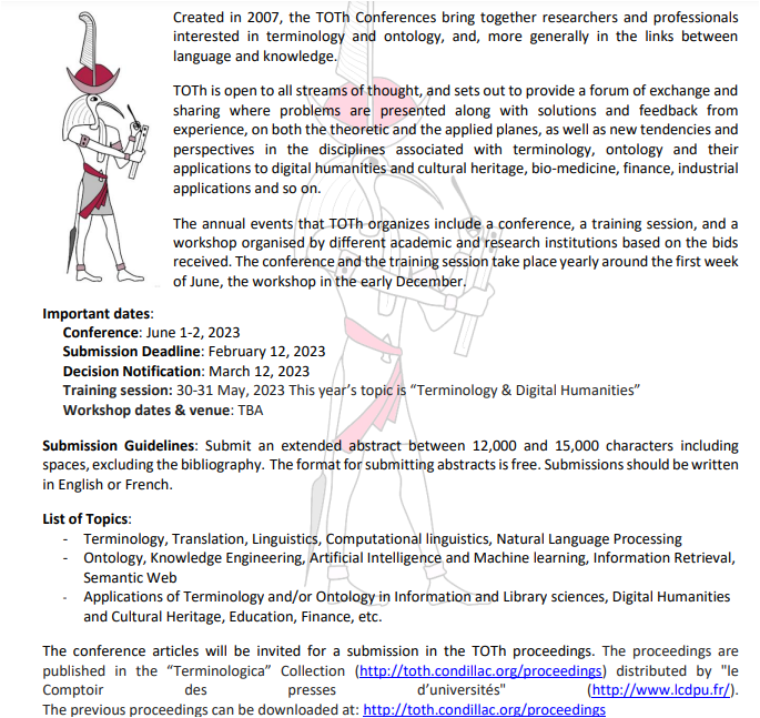 Maria_Chlamys's tweet photo. Pleased to invite you to contribute your extended abstract (12,000-15,000 char. excl. biblio) to the 17th edition of TOTh Conference  on #Terminology &amp; #Ontology, onsite @UniversitySavoie &amp; online, 1 &amp; 2 June 2023 https://t.co/1qlu6T99I0 Past proceedings: https://t.co/70VVu2O5XX https://t.co/dCtI0oz3os