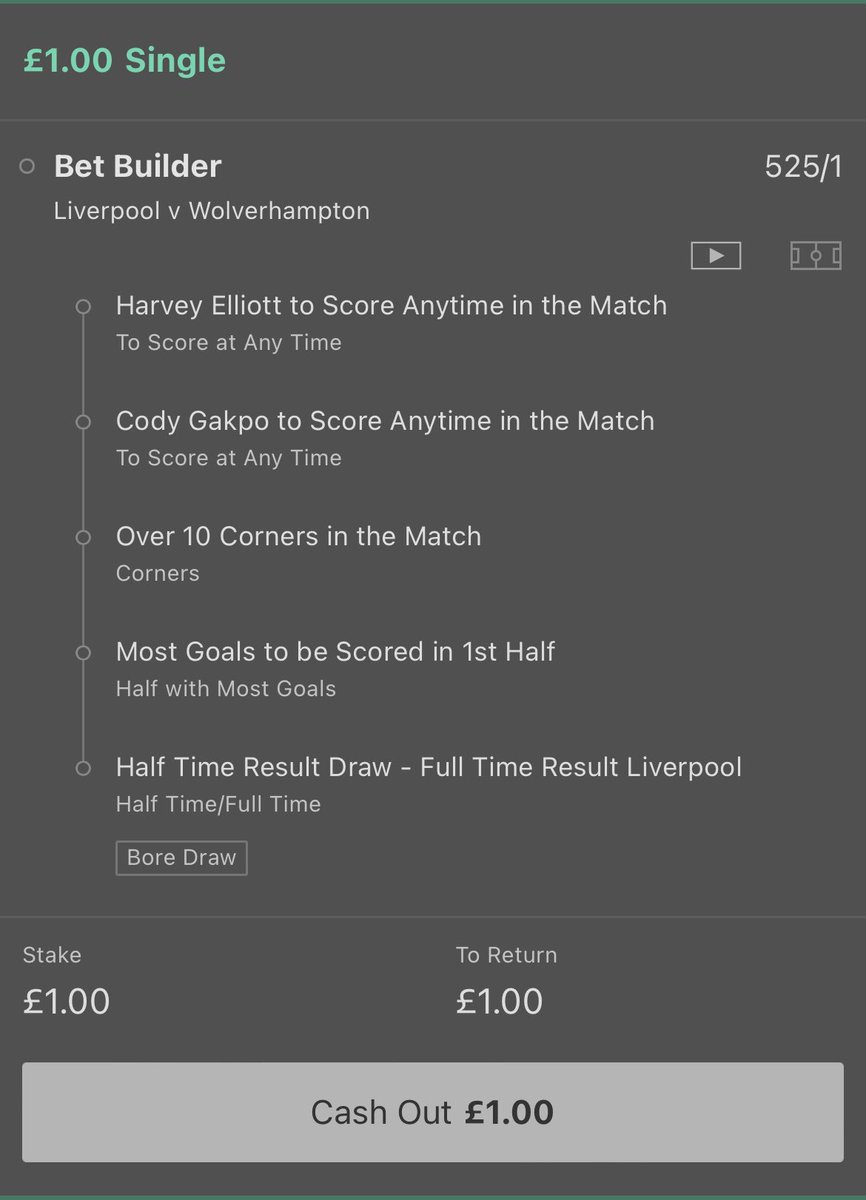 Depict_Creative's tweet photo. @bet365 what’s the deal here? Bet builder for LFC v WLV at 521/1 yet the return says £1 ???? https://t.co/EKJ9nuiXaa