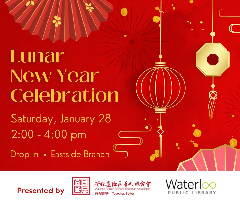 WaterlooLibrary's tweet photo. We are looking forward to celebrating #LunarNewYear soon with @WaterlooCCA! Join us at our Eastside Branch on Jan. 28 for a celebration and find more Lunar New Year information and resources on our website: https://t.co/tEkZ7aB1ft https://t.co/ZkGtP07qDc
