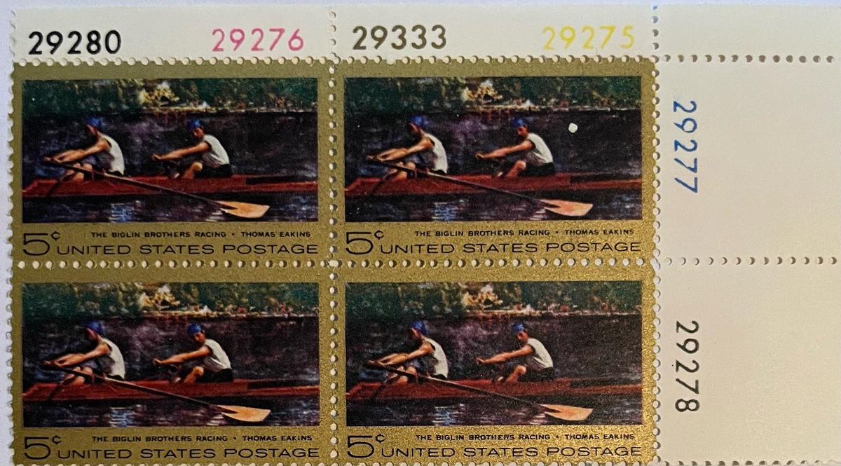 #usstamps #thomaseakins  The #usps four stamp #plateblock of 1967 Five-cent #uspostalservice #stamps .
“The 1967 addition to the #americanpaintingseries is #thebiglinbrothersracing by Thomas Eakins.