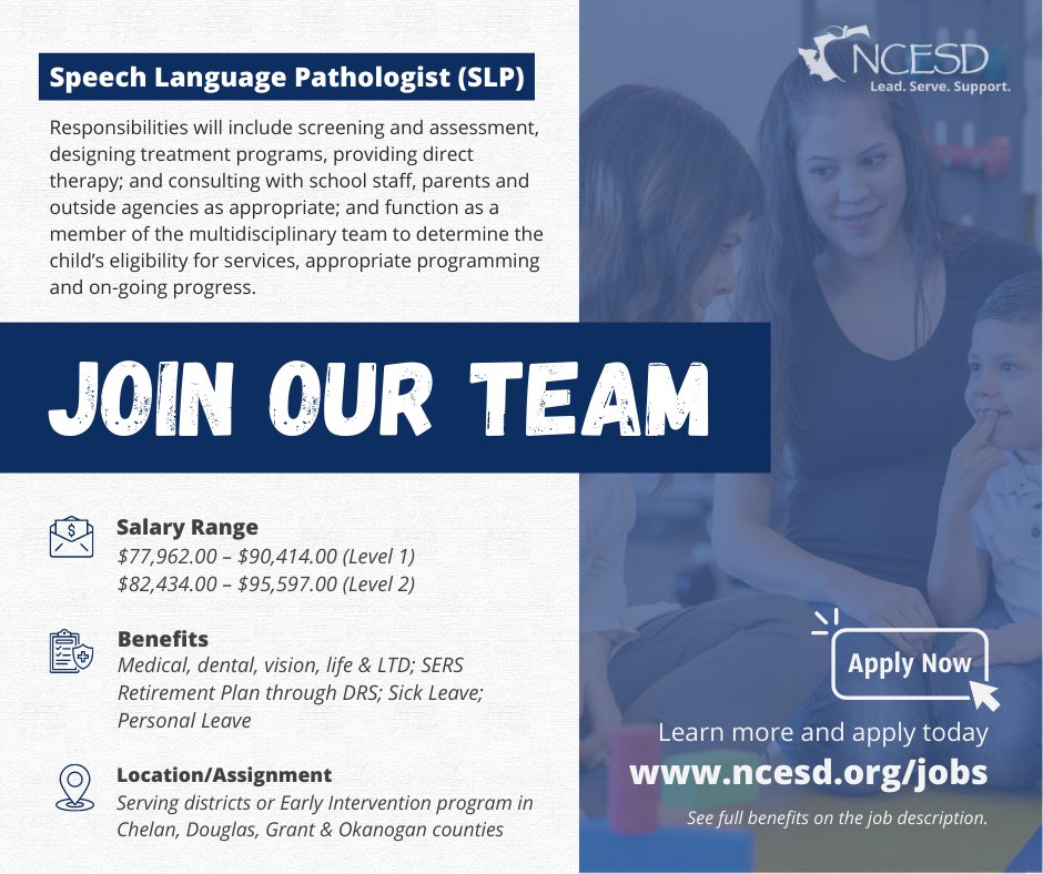 We're #hiring a Speech Language Pathologist to provide a full range of services to children ages 0-21 across NCW.

Learn more and apply for open positions at ncesd.org/jobs // For full benefit details refer to the official job posting and visit ncesd.org/employee-benef…