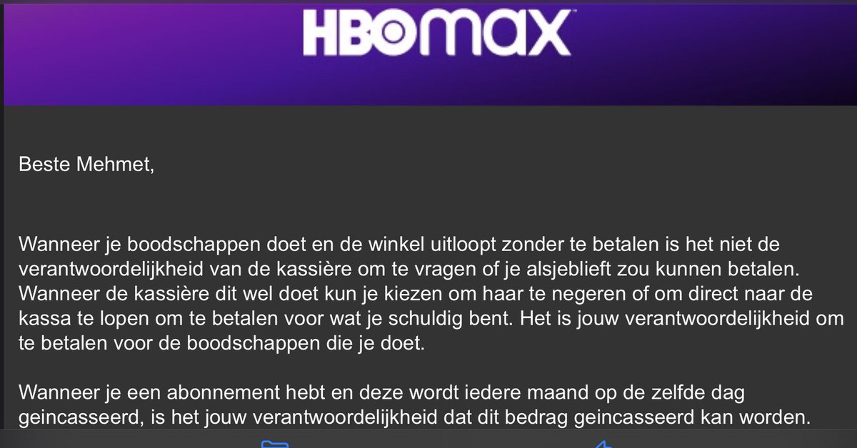 Mehmet Ak Koç (@mehmetakkoc) on Twitter photo Okey, Vincent van <a href="/hbomaxnl/">HBO Max Nederland</a> verdient klantenservice mdw van de maand tegel. Zijn reactie op mijn vraag hoe het kan dat HBO op 18-12 een mislukte incasso heeft en mij pas 29-12 erover informeert, om twee dagen (rond de jaarwisseling) later mijn abonnement met korting op te zeggen; Okey, Vincent van <a href="/hbomaxnl/">HBO Max Nederland</a> verdient klantenservice mdw van de maand tegel. Zijn reactie op mijn vraag hoe het kan dat HBO op 18-12 een mislukte incasso heeft en mij pas 29-12 erover informeert, om twee dagen (rond de jaarwisseling) later mijn abonnement met korting op te zeggen;