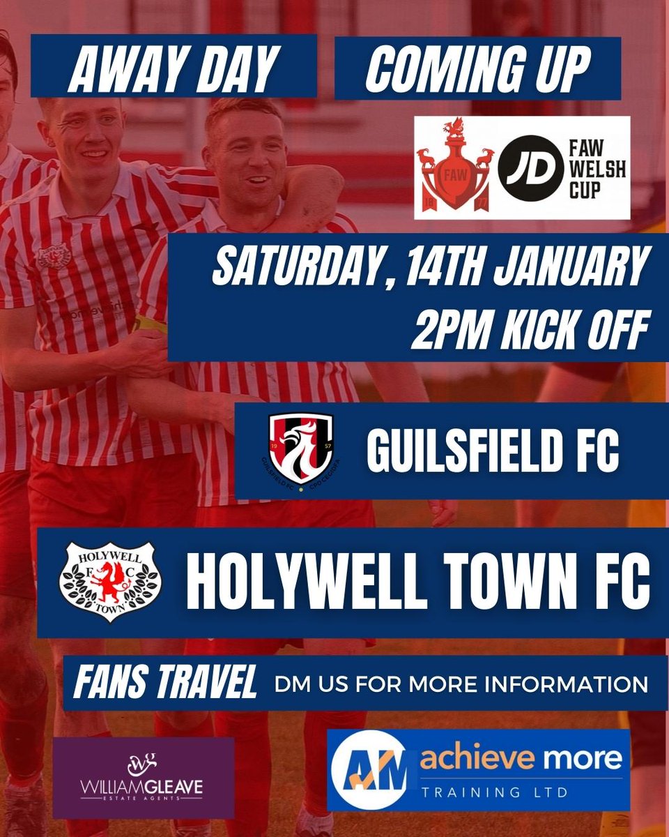 A W A Y   D A Y
Next up, The Wellmen travel to <a href="/GUILS1957/">CPD Guilsfield FC</a> in the FAW Welsh Cup. Come along and show your support 🔴⚪️🔴

📆 Saturday 14th January
⏰ Kick off 2pm.
🚌 The supporters bus is running. To book your seat please DM us.