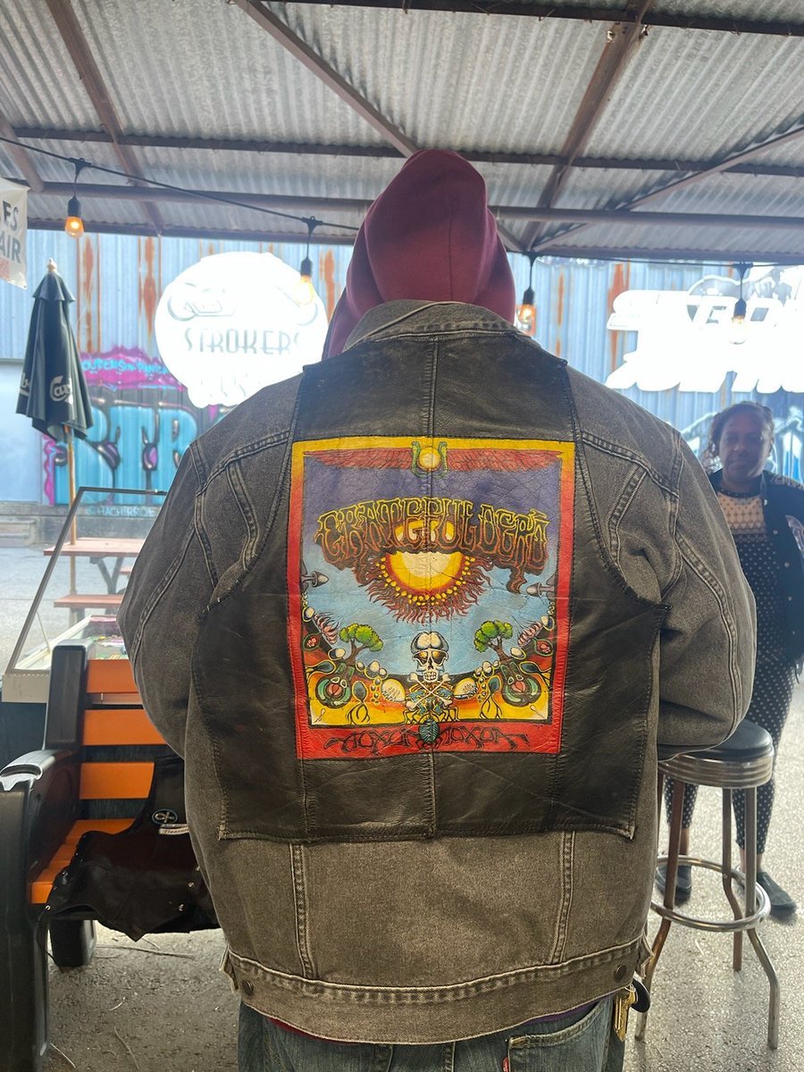 1981 leather vest, hand  painted by (then 17 year old) Kyra Murphy .what's old is new again on a new jacket. Thanks to "All About Bikers" in Dallas, TX for the wicked sewing job