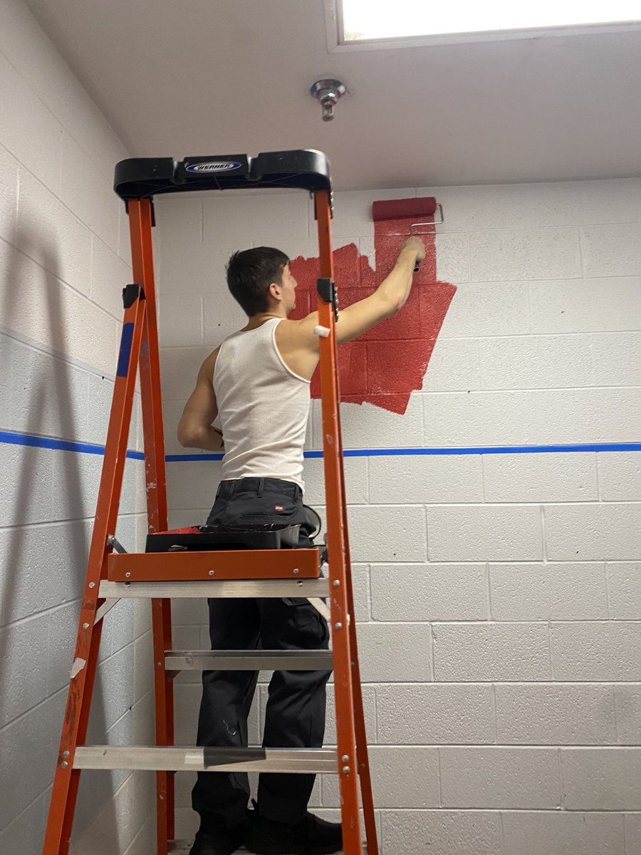 coachmoman's tweet photo. What did the boys do after a hard fought win?  Lifted weights, watched film, and started painting the locker room!  New year new locker room!  @LoganJ1001 @ZachRus63655573 @treyjohnston https://t.co/82AmzwDDyT
