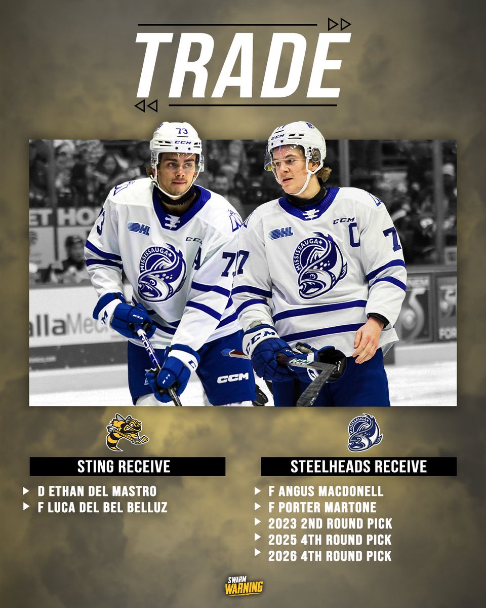 StingHockey's tweet photo. #TradeAlert🚨: Ethan Del Mastro and Luca Del Bel Belluz have become the newest members of #Stingnation following an exchange with the Mississauga Steelheads.

Full release here: https://t.co/WsfT9mk9iD

#SwarmWarning🐝 https://t.co/261yO07E6m
