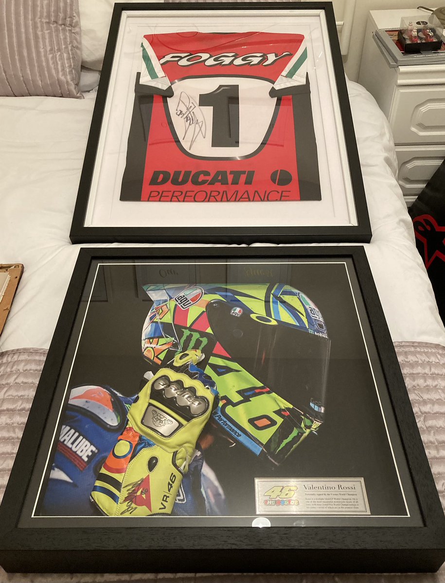Scaps46's tweet photo. @67Shakey Happy NY Shakey. My wife’s finally given in and let me have a wall on our landing for my bike bits 😆 got the MotoGP &amp; WSBK GOATS ready to go up, just need the BSB GOAT to finish it off. Is there anywhere I can buy memorabilia for yourself? Thanks. https://t.co/IwT3p8cHQt