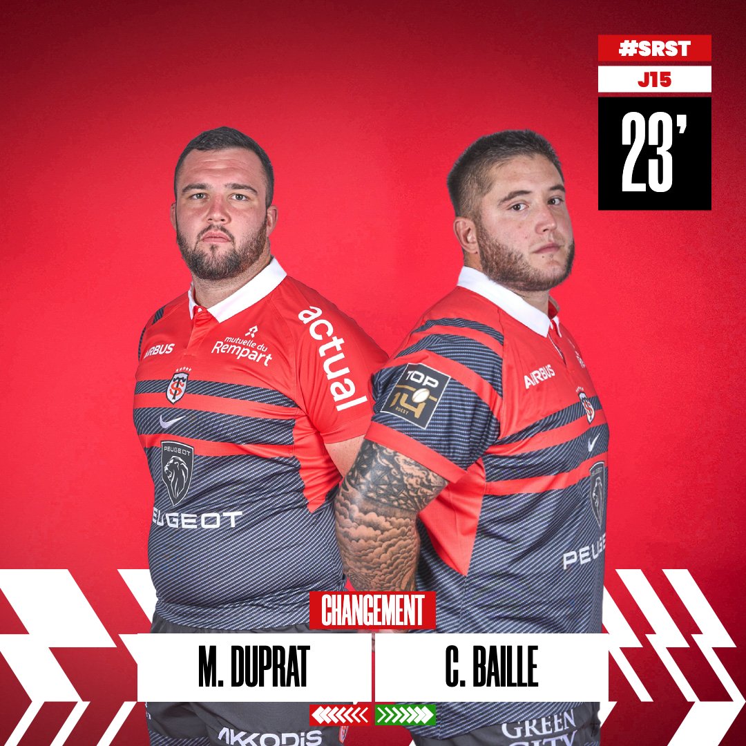 StadeToulousain's tweet photo. 🔁 Sortie de Maxime #Duprat, remplacé par @CBaille.
⏱️ 23'
#SRST https://t.co/z9y5E45M2I