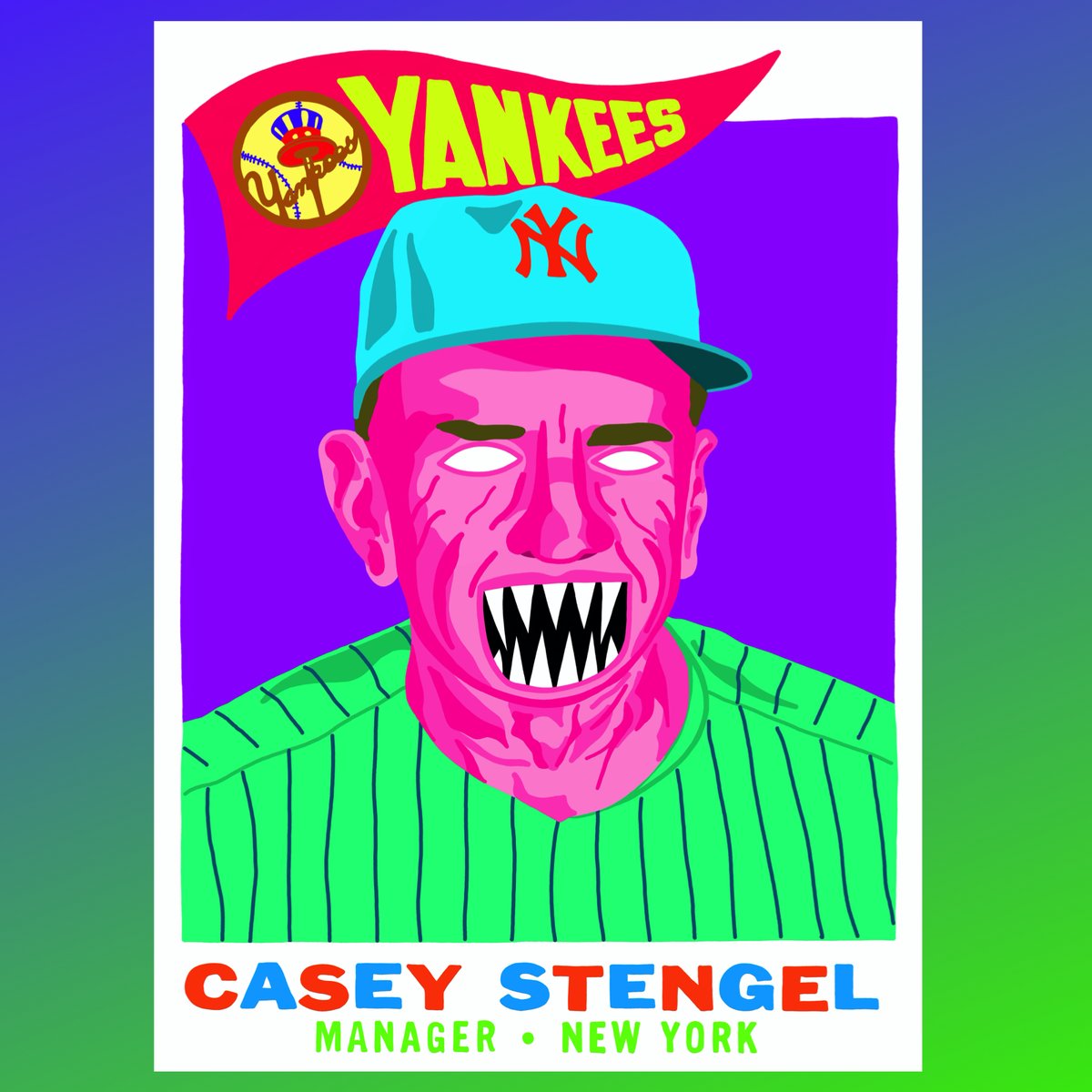 Today's #NeonTerror is #HallofFame manager, #CaseyStengel, and his 1960 #Topps card. #Stengel was a 9x #WorldSeries champion as player and manager. Majority of those coming from managing the impressive #NewYork #Yankees dynasty.  #CardArt #NewYorkYankees #TheOlPerfessor