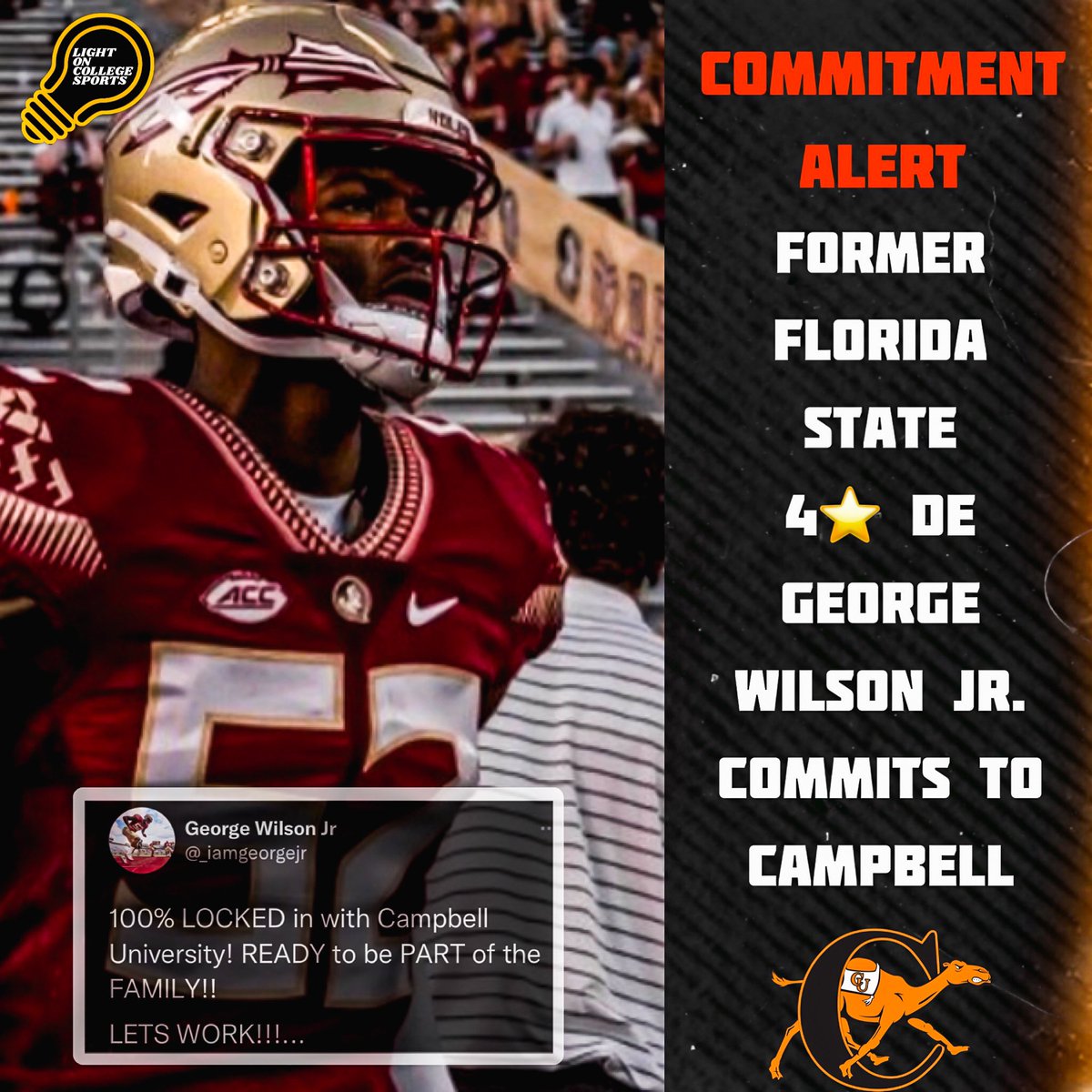 Former Florida State 4⭐️ DE George Wilson Jr. has #committed to Campbell, via social media. 🐪

<a href="/_iamgeorgejr/">George Wilson Jr</a> <a href="/GoCamelsFB/">Campbell Football</a>