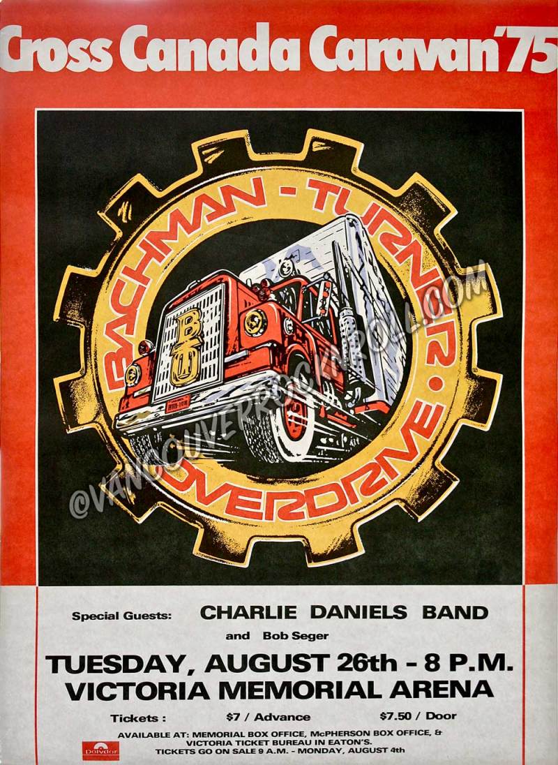 #31DaysOfBandPosters
Day 7,🇨🇦,1975
Et oui ! Nous sommes au #Canada!
In '75, #BachmanTurnerOverdrive toured in their own country (rolling miles down the highways). This poster is from a gig in #Victoria with the #CharlieDanielsBand & #BobSeger