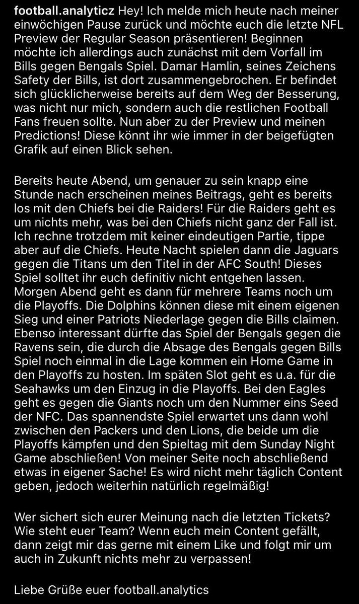 ftbllanalytics's tweet photo. Hey! Nach knapp einwöchiger Pause melde ich mich mit einem neuen Beitrag bei euch! Es geht um eine Preview zum anstehenden NFL Spieltag, welcher in knapp einer Stunde beginnt. Es gibt noch einige interessante Playoff Szenarien zu klären! #ranNFL #ranNFLsuechtig #NFLGermany https://t.co/D1H8udZmzw