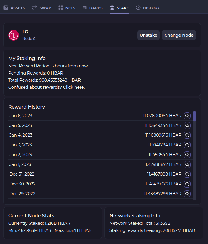 HashPack v5.2.0 - Enhanced Staking Info - has been released! In the staking tab you are now able to see the total staking rewards you've received, as well as each individual reward. You can click the magnifying glass to get more details about that transaction.