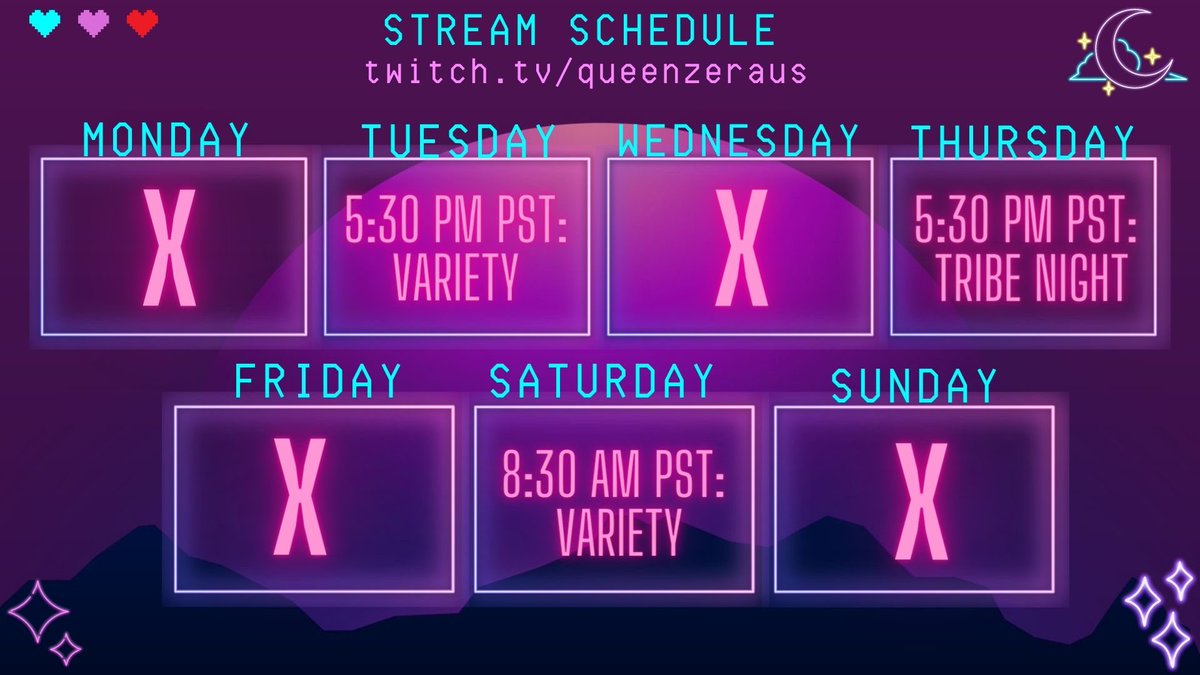 QZeraus's tweet image. Permanent schedule for the next few months Tribe! See y’all Tuesday! #cheehoo