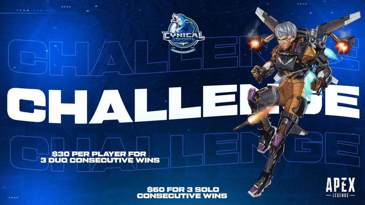 CynAcademy's tweet photo. An update to challenge #3 for @PlayApex!

Get 3 consecutive wins with a partner. You each receive $30!

Get 3 consecutive wins through solo queueing and receive $60!

Good luck Gamers. #WeBleedBlue

#challenge #ApexLegends #cynicalallday #esports #gaming #gamers #Giveaway https://t.co/LmdKF23yZz